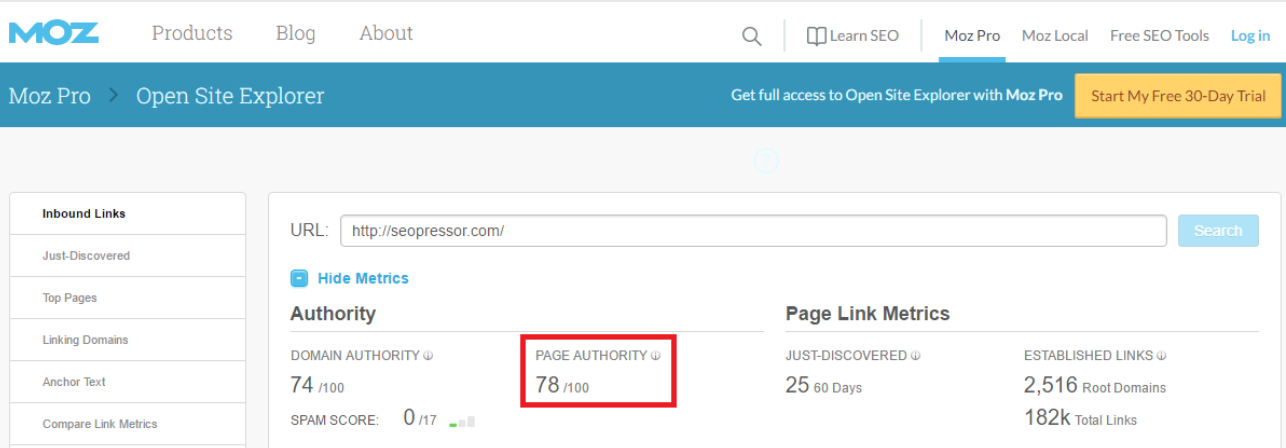 Page authority analysis with Moz - link builder